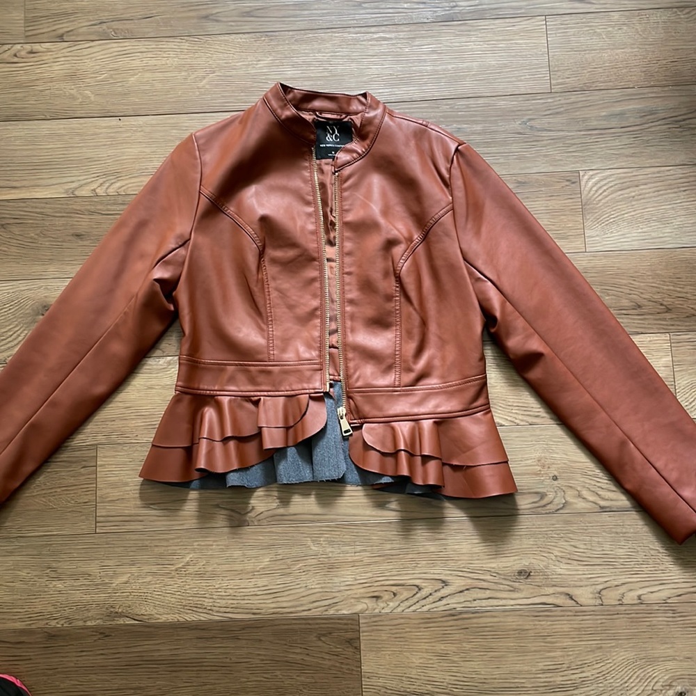 New York & company brown faux leather peplum jacket